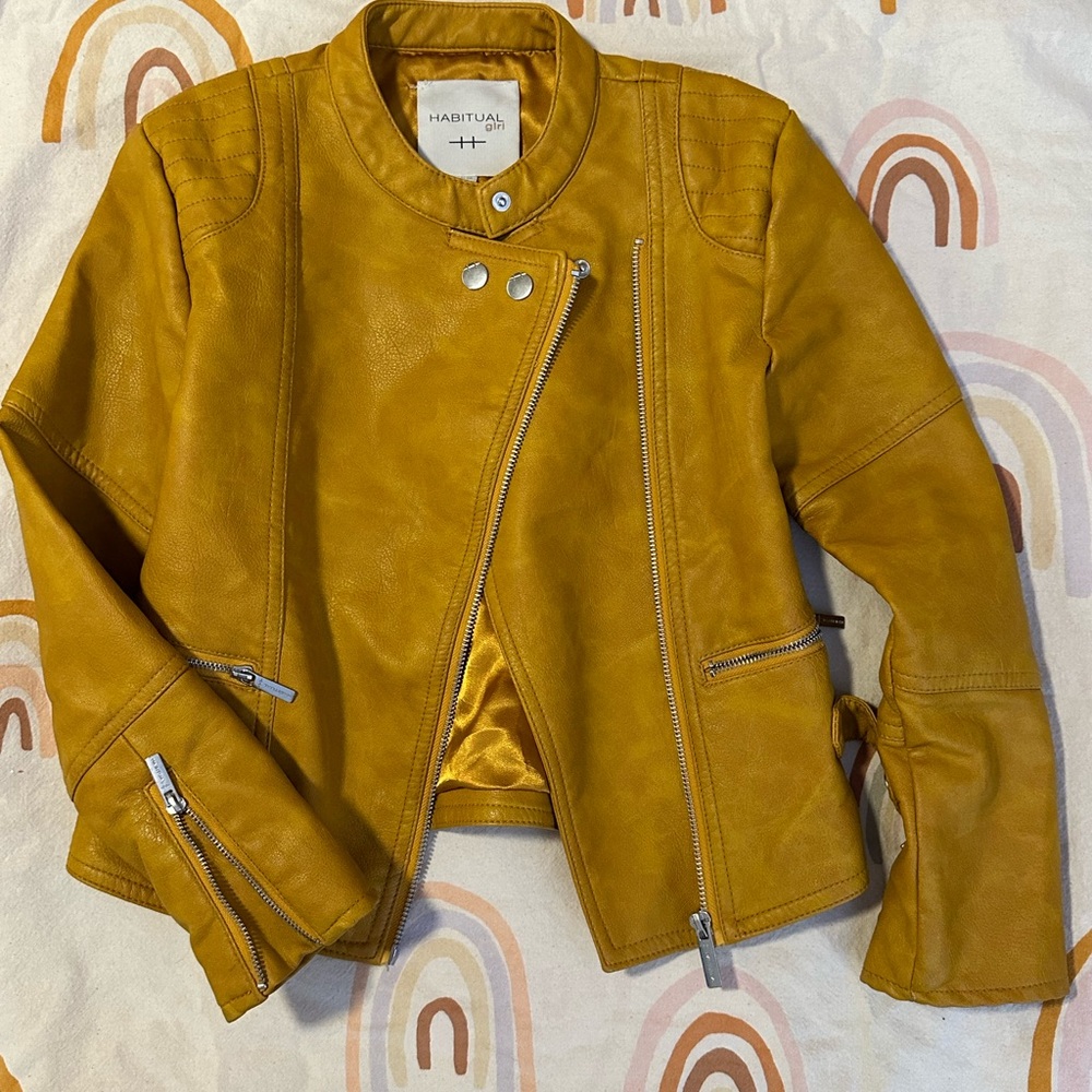 Girls habitual girl vegan leather biker jacket- mustard yellow 7/8